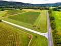 Drone pitchfork on the road along vineyards in virginia Royalty Free Stock Photo