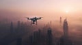 Drone Plane Flying Over City in Fog