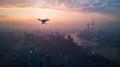 Drone Plane Flying Over City at Sunset Royalty Free Stock Photo