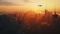 Drone Plane Soaring Over City at Sunset Royalty Free Stock Photo