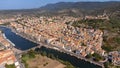 Drone point of view of Bosa and the Temo river, a tourist destination on the island of Sardinia in Italy Royalty Free Stock Photo