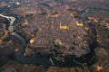 Drone point of view old town of Toledo at dusk. Spain Royalty Free Stock Photo