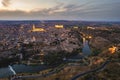 Drone point of view old town of Toledo at dusk. Spain Royalty Free Stock Photo