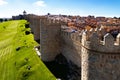 Drone point of view The Walls of Avila and cityscape rooftops Royalty Free Stock Photo