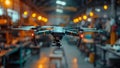 Drone Poised for Flight in High-Tech Workshop. Concept Drone Technology, High-Tech Workshop, Aerial Royalty Free Stock Photo