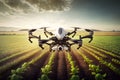 Drone quad copter on green Agricultural Field. Agricultural new technologies and innovations, Generative AI