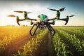 Drone quad copter on green Agricultural Field. Agricultural new technologies and innovations, Generative AI