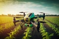 Drone quad copter on green Agricultural Field. Agricultural new technologies and innovations, Generative AI