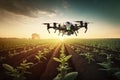 Drone quad copter on green Agricultural Field. Agricultural new technologies and innovations. generative AI