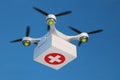 Drone quadcopter carrying first aid kit.