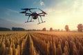 Drone quadcopter with digital camera flying over wheat field at sunset, Generative AI