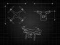 Drone, quadcopter drawing. Industrial drawing. Control panel. Front view, top view. Vector illustration. Royalty Free Stock Photo