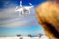 Drone quadcopter flying with high resolution digital camera. Uav operator details