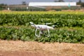 Drone quadcopter hover on sky background,drone camera,in farm Royalty Free Stock Photo