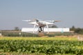 Drone quadcopter hover on sky background,drone camera,in farm Royalty Free Stock Photo