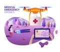 Drone or quadcopter medical emergency service concept. Vector illustration of landing page template. Drone fly over the landscape