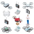 Drone quadcopter vector isometric icon set