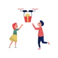 Drone quadrocopter delivering gift box to happy kids, boy and girl running to multicopter handling box order, fast