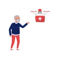 Drone quadrocopter delivering medicine to a pensioner, senior man welcoming multicopter handling box order, fast