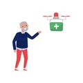 Drone quadrocopter delivering medicine to a pensioner, senior man welcoming multicopter handling box order, fast