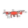 Drone quadrocopter icon in comic style. Quadcopter camera vector cartoon illustration on white isolated background. Helicopter
