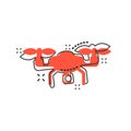 Drone quadrocopter icon in comic style. Quadcopter camera vector cartoon illustration on white isolated background. Helicopter