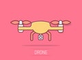 Drone quadrocopter icon in comic style. Quadcopter camera vector cartoon illustration on white isolated background. Helicopter