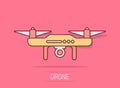 Drone quadrocopter icon in comic style. Quadcopter camera vector cartoon illustration on white isolated background. Helicopter