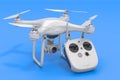 Drone quadrocopter with remote control on blue backdrop, 3D rendering