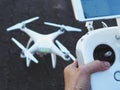 Drone with remote control in hand man Royalty Free Stock Photo