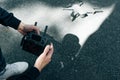 Drone remote control. Remote control in hand man. Man holds remote controller with his hands and controls the drone Royalty Free Stock Photo