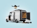 Drone and robot leaving electric powered van for delivering parcel