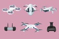 Drone robots. Aerial unmanned vehicle. Controller and propeller. Quadcopter transportation for video. UAV technology Royalty Free Stock Photo