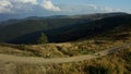 Drone rocky road biking man enjoying time against green woods pikes background