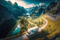 drone\'s-eye-view of a delivery van weaving through a winding mountain road with scenic landscapes Royalty Free Stock Photo