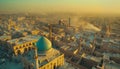 Drone\'s Eye View: Dusty Middle Eastern Muslim City at Sunset beautiful cityscape with mosque dome on foreground. Royalty Free Stock Photo