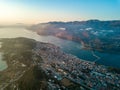 Drone\'s view of beautiful coastal city Argostoli, the capital of Kefalonia island