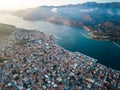 Drone\'s view of beautiful coastal city Argostoli, the capital of Kefalonia island during sunset