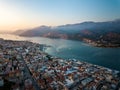 Drone\'s view of a coastal city Argostoli, the capital of Kefalonia island
