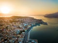 Drone\'s view of a coastal city Argostoli, the capital of Kefalonia island during sunset