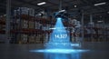 Drone scans inventory data in a warehouse with holographic display technology system Royalty Free Stock Photo
