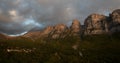 Drone scenery mikro Papingo village , Zagorochoria area, Epirus, Ioannina Greece. Astraka tower rocky cliffs above the Royalty Free Stock Photo