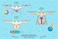 Drone service. Drone medical, delivery, Video and Photography service. Vector illustration.