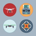 Drone set flat style. Remote copter, mobile phone, control board Royalty Free Stock Photo