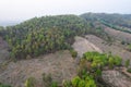 Drone shot aerial view scenic landscape of agriculture farm against mountain and nature forest