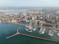 aerial view of Poole harbour and the historic Quay area seen on a sunny calm morning