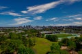 Drone shot of Bessie Estell Park and the skyline of Birmingham city under blue sky