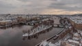 Drone shot of the Charles Bridge in Prague, Czech Republic, during wintertime