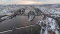 Drone shot of the Charles Bridge in Prague, Czech Republic, during wintertime