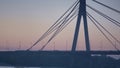 Drone shot city bridge on evening sky background. Cityscape on sundown.